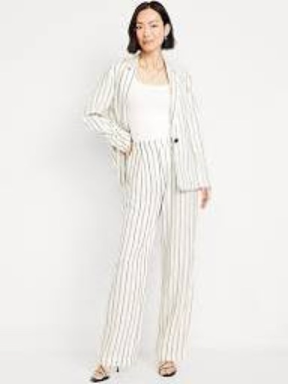 Old Navy White Linen-Blend Pants with Gray Vertical Stripes